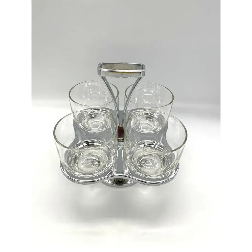 Vintage Mid Century Milbern Chrome & Wood Condiment Caddy 4 Glasses & Spoons
